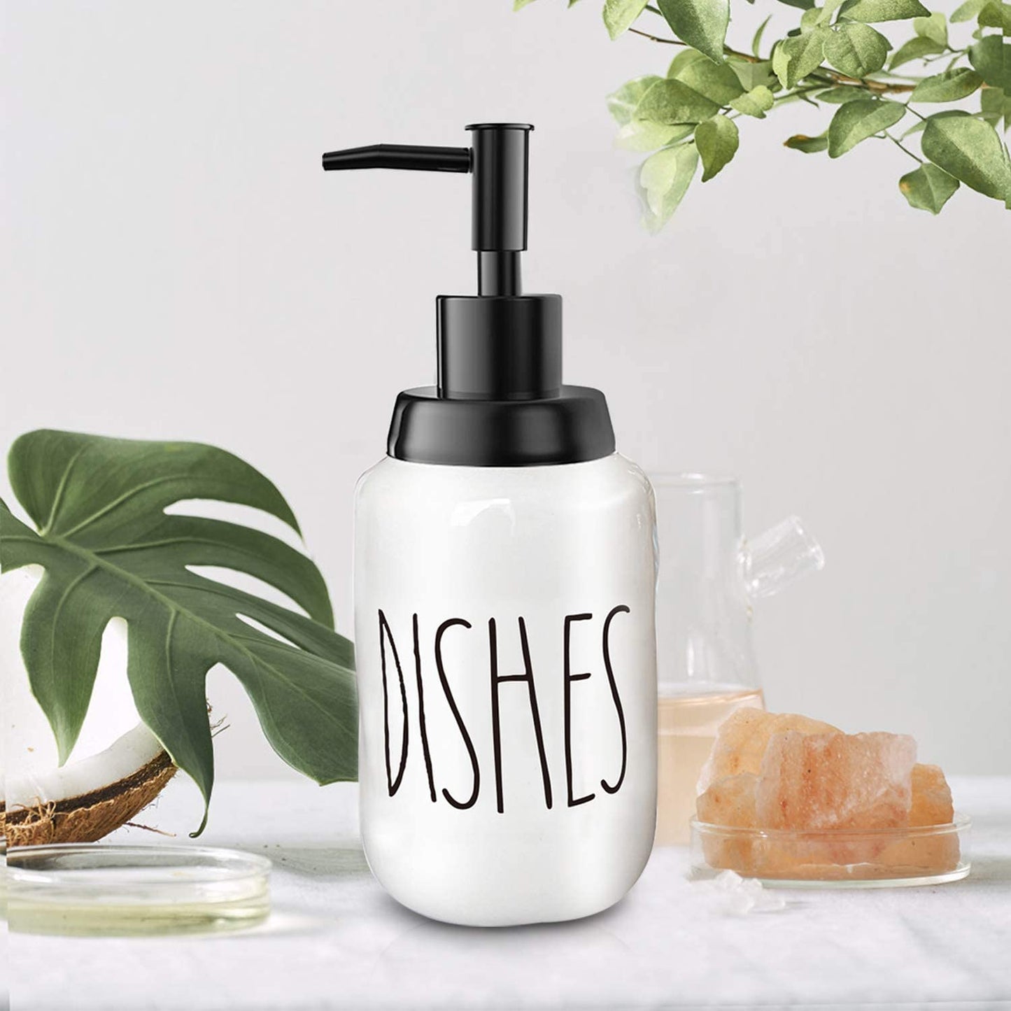 Soap Dispenser–Modern Farmhouse Style Ceramic Dishes Liquid Soap Dispenser–Perfect for Kitchen Counter Décor or Kitchen Sink-Bathroom Soap Dispenser–White Bottles with Black Pump and Lettering(14Oz)