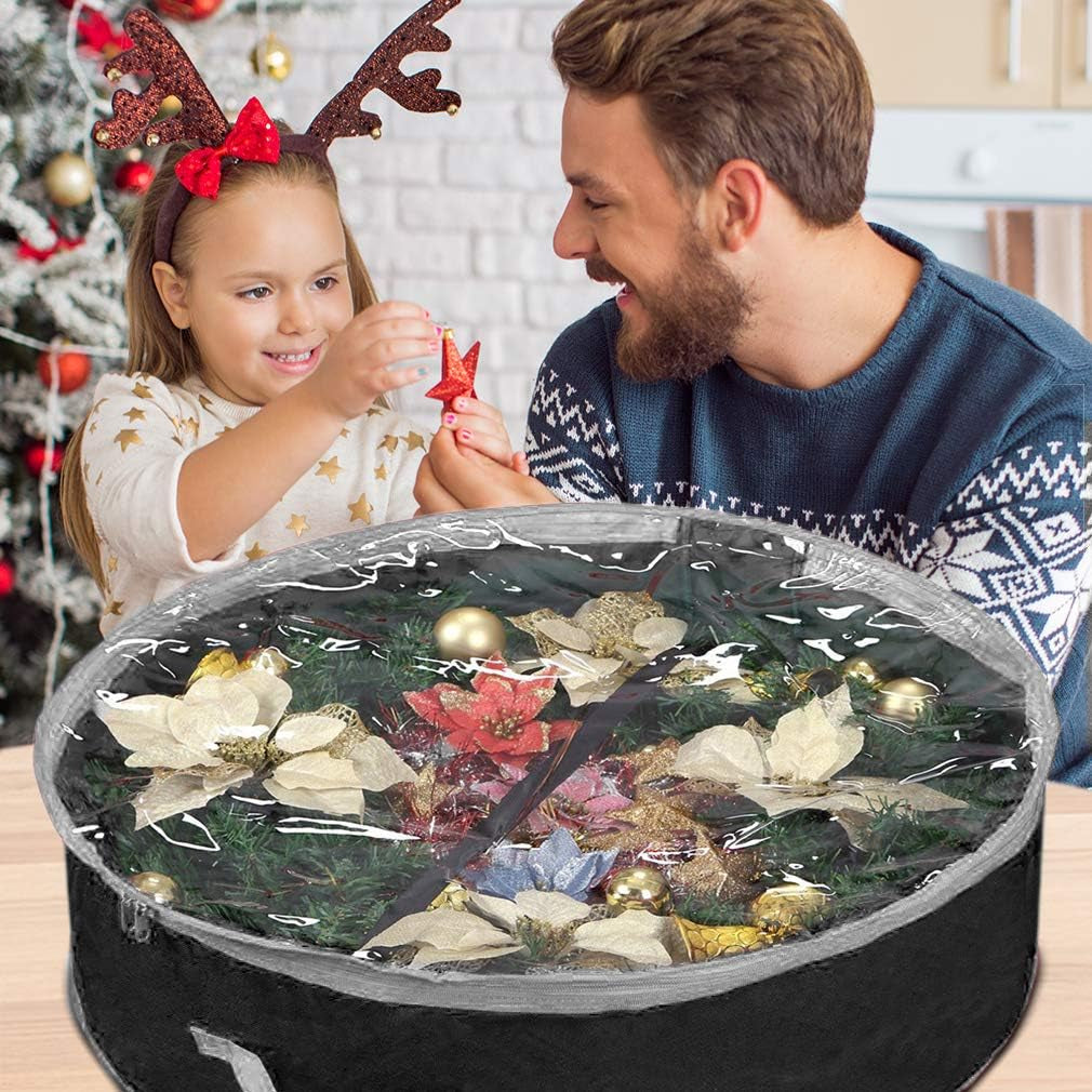 Christmas Wreath Storage Bag 48" with Clear Window | Extra Large Garland Xmas Wreath Container | Durable 600D Oxford Material | XL Huge 48” Holiday Wreath Bags Box (Black)