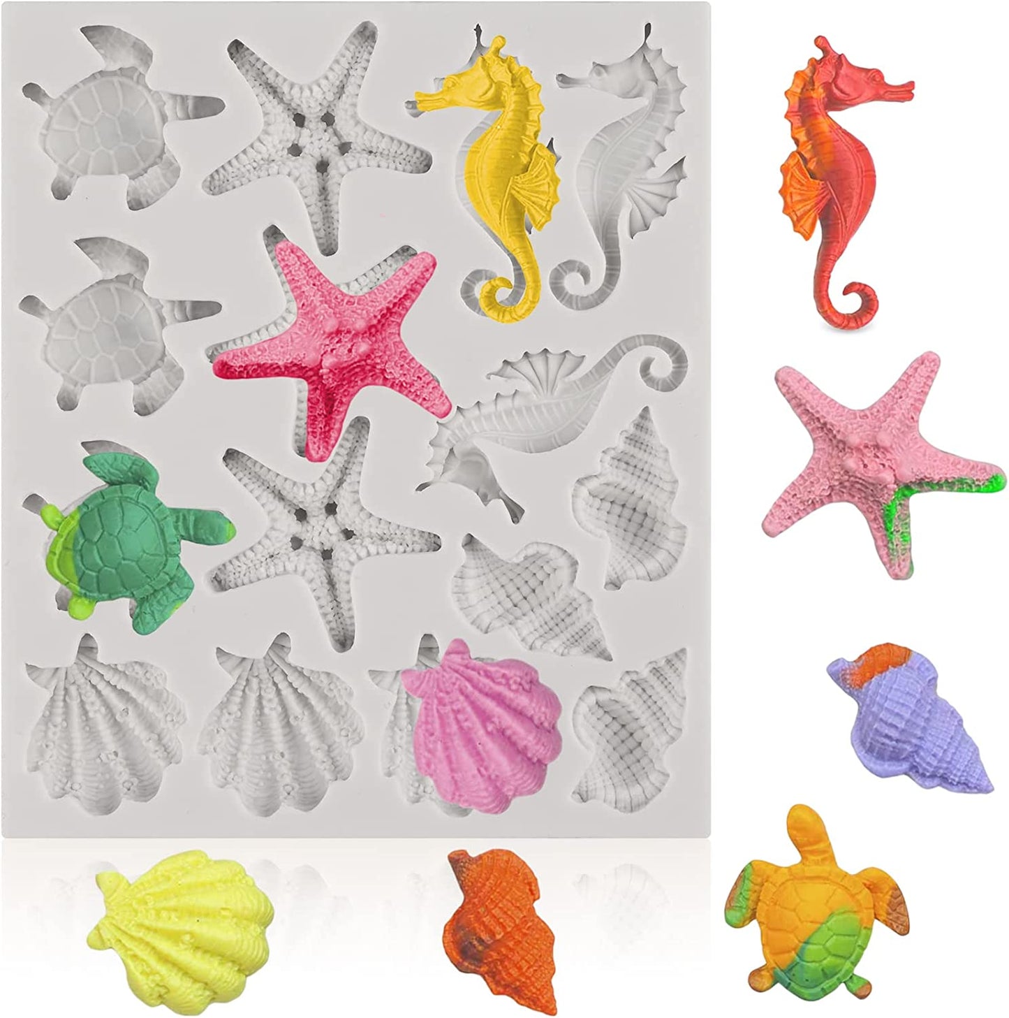 Marine Theme Fondant Silicone Molds, Seashell, Conch, Seahorse, Starfish, Tortoise Silicone Mold for Cake Decoration, Chocolate Candy Sugar Craft