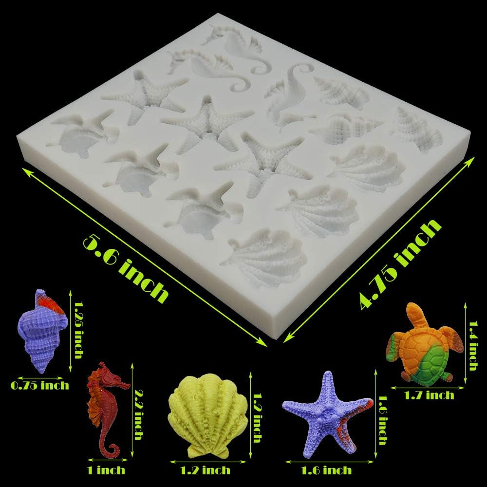 Marine Theme Fondant Silicone Molds, Seashell, Conch, Seahorse, Starfish, Tortoise Silicone Mold for Cake Decoration, Chocolate Candy Sugar Craft