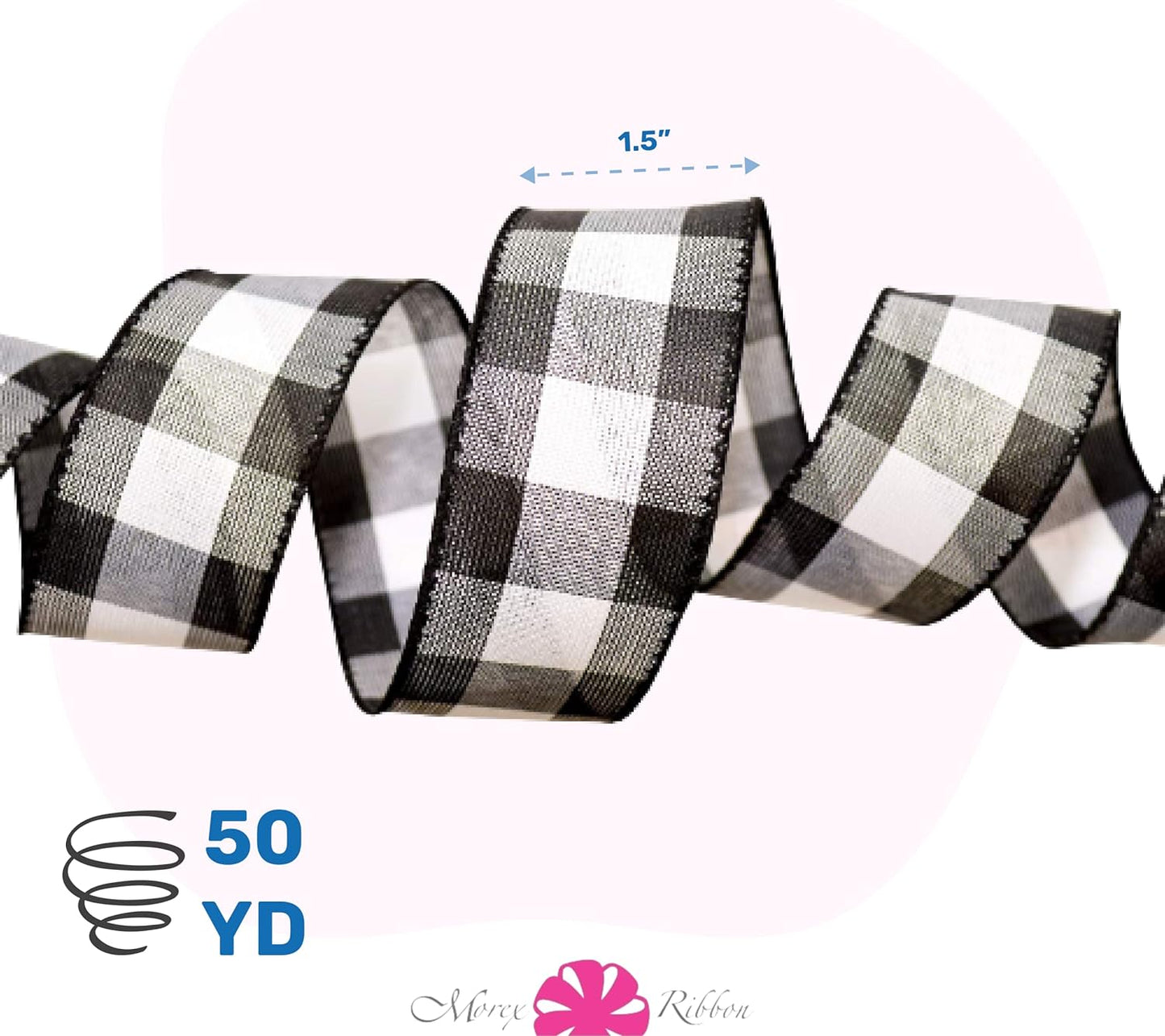 7398.40/50-613 Cambridge 1.5" X 50 YD Wired Ribbon, Black and White, Buffalo Check Plaid Ribbon for Gift Wrapping, Christmas Decorations Indoor Home Decor, Craft Supplies & Materials
