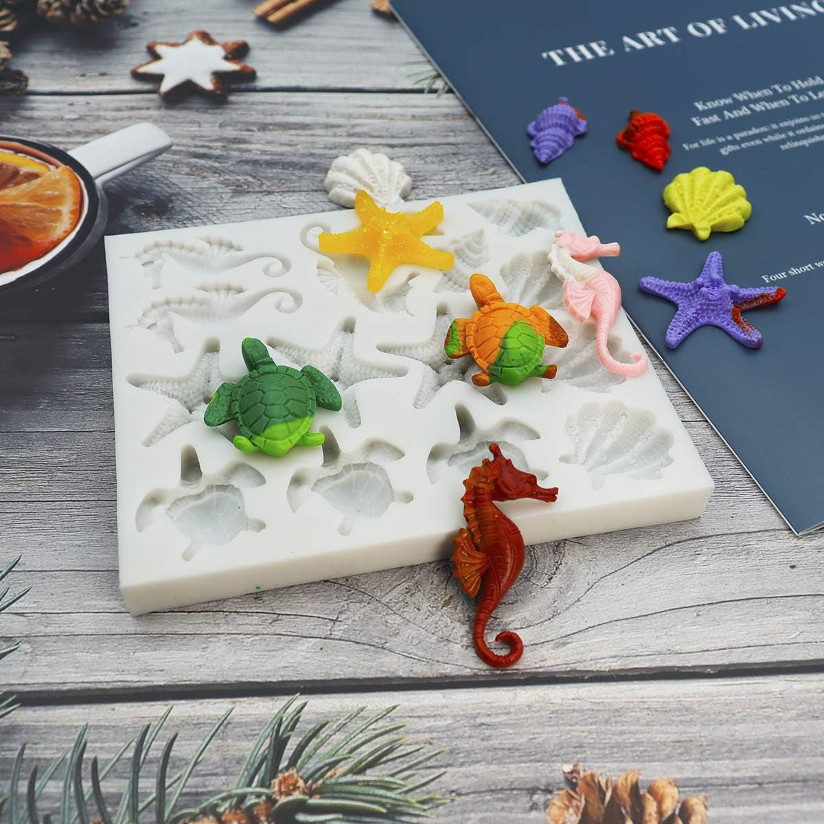 Marine Theme Fondant Silicone Molds, Seashell, Conch, Seahorse, Starfish, Tortoise Silicone Mold for Cake Decoration, Chocolate Candy Sugar Craft